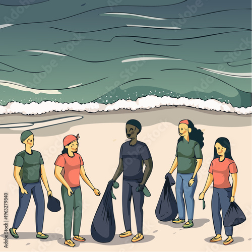 Diverse group of volunteers cleaning up a beach holding trash bags after collecting litter.