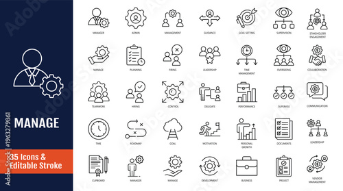Manage icon set. Icons related to management, project, supervision, leadership, admin, teamwork, planning, manager and more. Outline icon with Editable stroke. Vector illustration