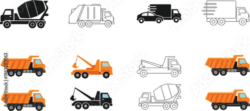 Transport Vehicle Icon Set with Dump Trucks, Tow Trucks, Cement Trucks, Garbage Trucks, and Delivery Trucks for Logistics and Construction Designs