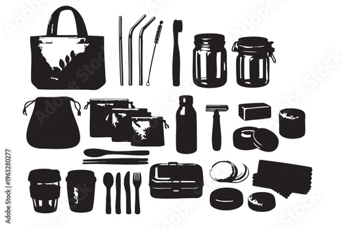 Zero waste and eco friendly lifestyle product collection silhouette for sustainable living.