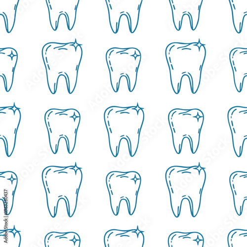 Sparkling Teeth Seamless Pattern. Dental Doodle Background. Oral Hygiene Illustration.