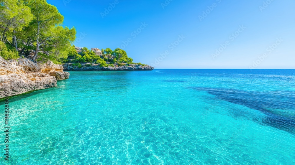 Obraz premium Mediterranean Crystal clear waters of the Mediterranean Sea, gently lapping against a rocky shoreline.