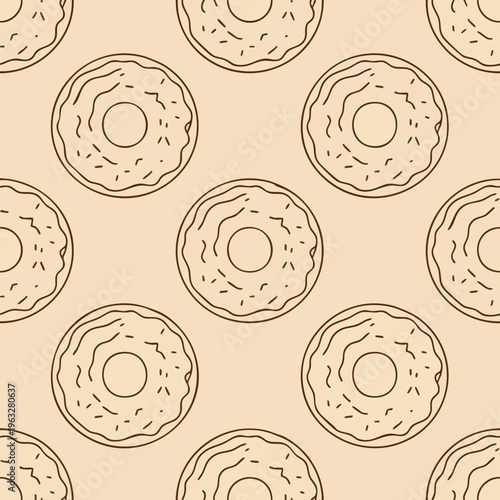 Donut Seamless Pattern. Sweet Dessert Background. Outline Doodle Style. Sprinkled Icing Texture. Food Design.