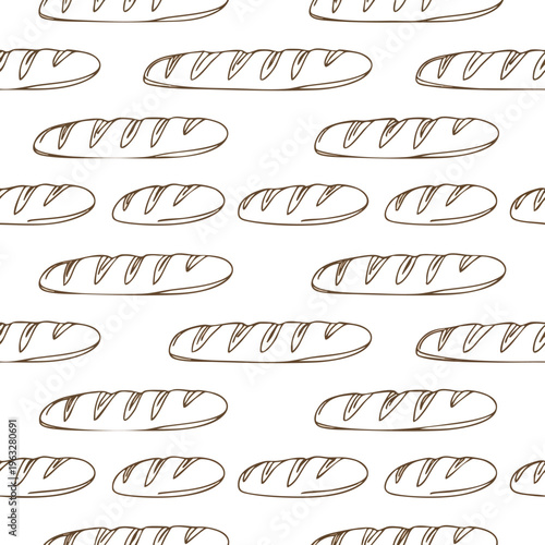 Baguette Seamless Pattern Background. Hand Drawn Bread Pattern. Sketch Food Wallpaper. Bakery Print.