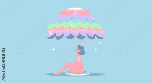 Woman relaxing under colorful umbrella on beach.