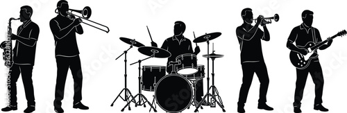 Black silhouette of a jazz band ensemble featuring saxophone, trombone, drums, trumpet, and electric guitar players on a white background.
