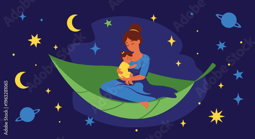 Mother breastfeeding baby on leaf at night.
