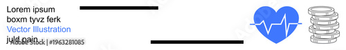 Healthcare costs, financial planning, cardiology, medical expenses, budget management, health economy. Blue heart with heartbeat line and stack of coins. Healthcare costs and financial planning