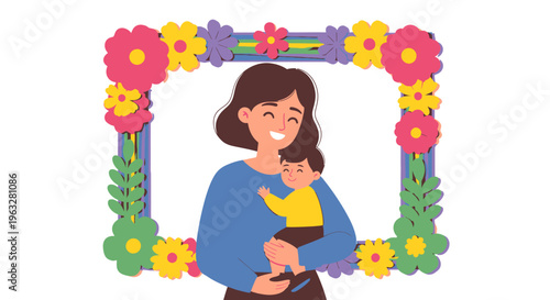 A woman holding a baby surrounded by colorful flowers.