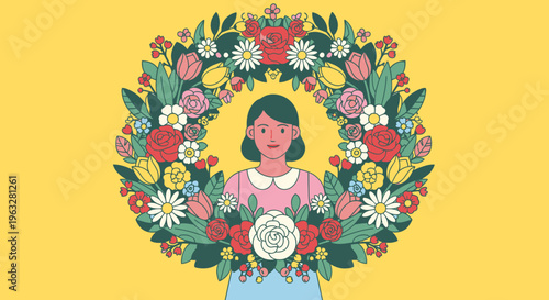 Woman surrounded by colorful floral wreath.