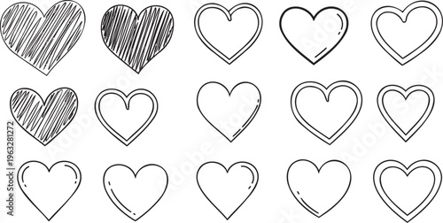 Hand drawn heart doodle set collection outline sketch love icons isolated