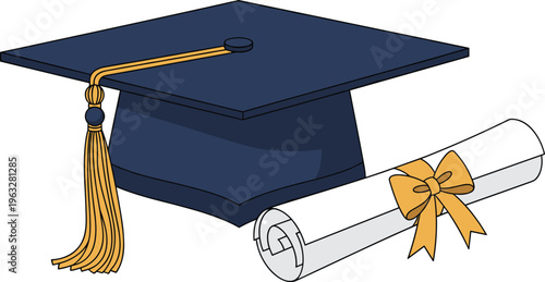 Graduation cap with gold tassel and diploma scroll with yellow bow for university commencement, academic achievement, high school graduation, and success