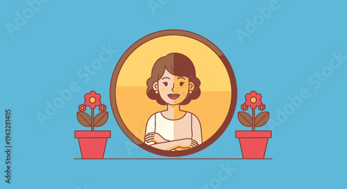 A cartoon woman with potted plants.