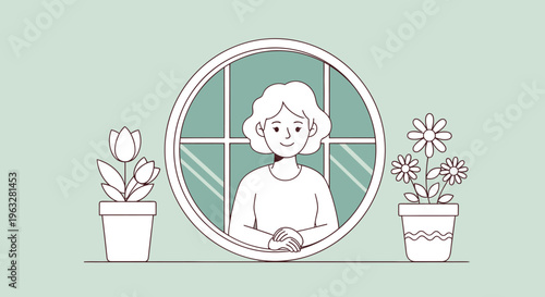 A woman looking out the window with flowers.