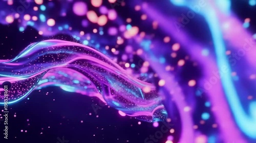 Abstract cinematic flowing liquid light with neon energy waves and glowing particles moving in smooth fluid motion through a futuristic purple and blue gradient landscape.