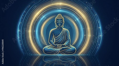 Glowing neon lord buddha silhouette with abstract circular light rays for buddha purnima and mahvir jayanti representing digital spirituality modern zen and eternal energy background