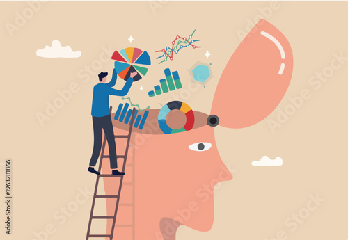 Data scientist, research information or data analysis, intelligence info or knowledge to analyze report, big data or genius concept, businessman put graph diagram report on human head brain