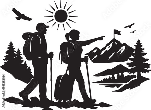 A couple hiking together with backpacks in the mountain range