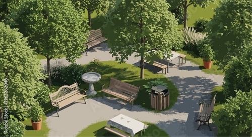 Aerial View of Green Public Park with Benches, Trees, and Paths