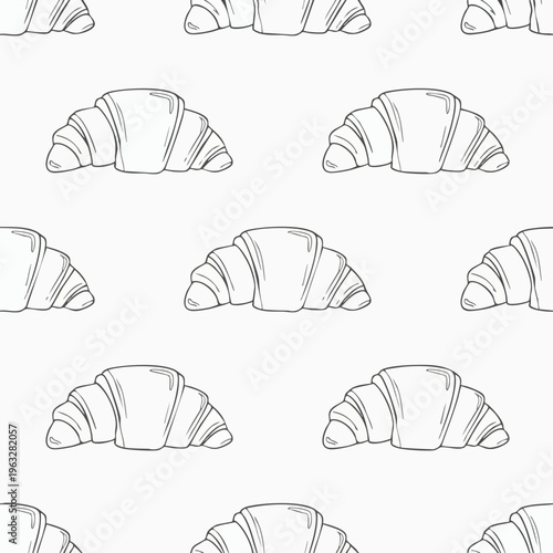 Croissant Seamless Pattern. Hand Drawn Bakery Background. Doodle Pastry Wallpaper. Outline Food Texture.