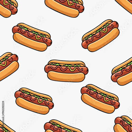 Hot Dog Seamless Pattern. Fast Food Illustration. Cartoon Style. Graphic Background. Design Element.