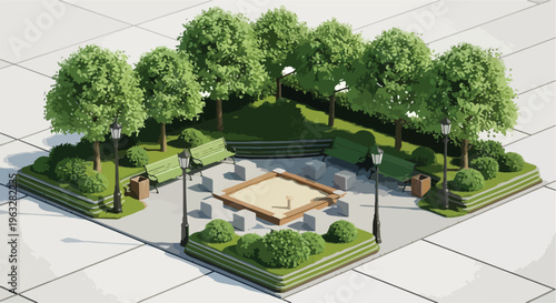 Isometric Park with Sandbox, Benches, Trees, and Streetlights Vector