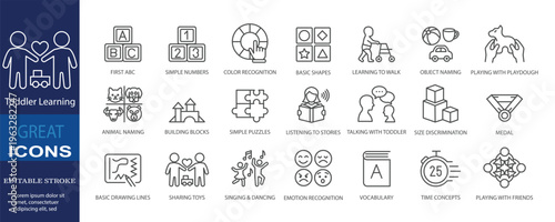 Set of icons for Toddler Learning. Editable stroke. Vector illustration	