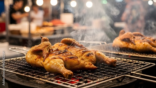 Delicious whole chickens sizzling on an open grill at a vibrant night market, with tantalizing smoke rising, promising a flavorful outdoor culinary experience