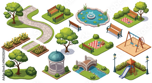 Isometric Park Elements Vector Set with Trees, Benches, Pond, and Playground