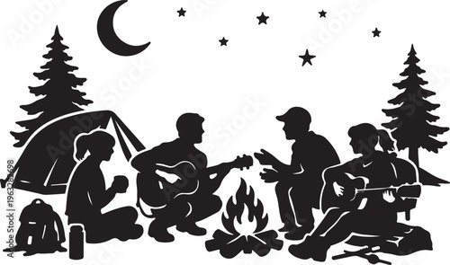 Friends playing guitar and singing songs around a cozy campfire