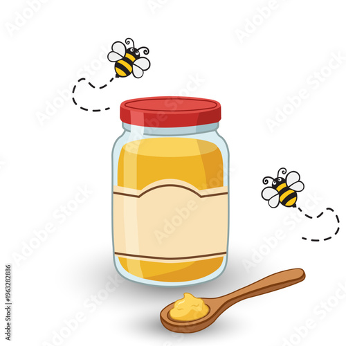 Organic sweet yellow honey in a glass jar with a healthy honeycomb and bee isolated on a white background