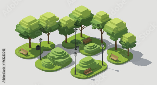 Isometric Park Elements Vector Set with Trees, Benches, and Bushes