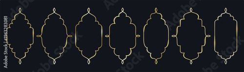 Figured metallic luxury golden border set. Eastern style window frames with highlights. Gold colored ethnic design inspired by the Arabian East. EPS 10 vector illustration.