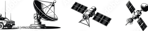 Collection of communication technology including a vehicle mounted antenna dish and various satellites in a line style