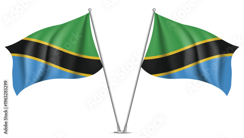 Realistic Double TANZANIA Flag Mockup with Wavy Fabric Effect