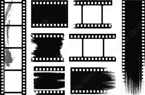 Retro film strip frame border with sprocket holes distressed texture for cinema photography storyboard template monochrome vector overlay