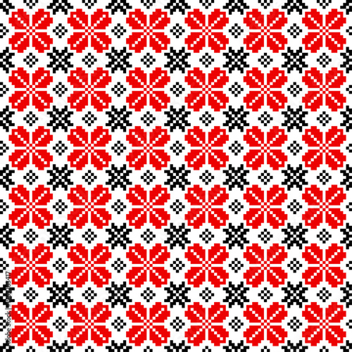 Red and black Ukrainian vyshyvanka seamless ornament, geometric cross stitch pattern in vector