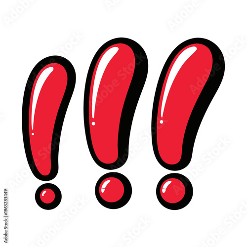 Cartoon Red Exclamation Marks Vector – Bold Warning Alert Symbol Glossy Icon Design