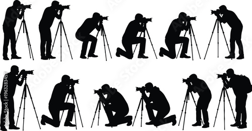 Photographer Silhouettes Collection Using Camera on Tripod in Different Shooting Poses, Professional Photography Workflow, Creative Industry, Media Production and Visual Storytelling Concept