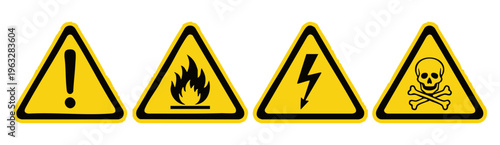 Industrial Warning Hazard Signs Yellow Safety Fire Electric Toxic Icons