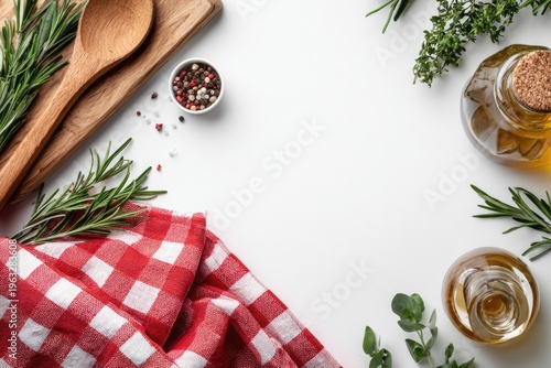 Culinary ingredients and kitchen utensils arranged on a white background.