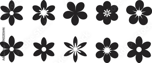 Collection of ten stylized black flower with varying petal shapes and central representing nature and simplicity