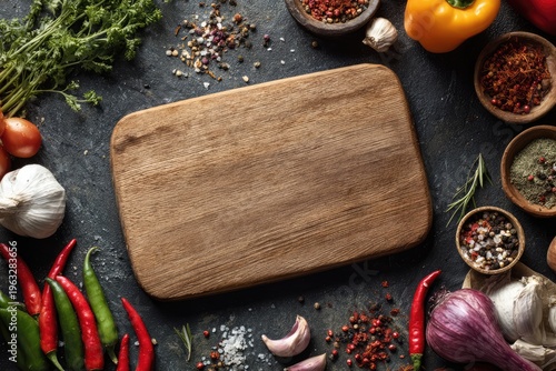 Rustic Wooden Cutting Board Surrounded by Fresh Ingredients and Spices.