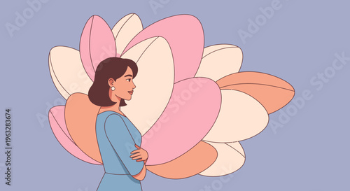 Woman standing in front of large flower.