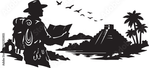 A silhouette of an explorer looking at a paper map