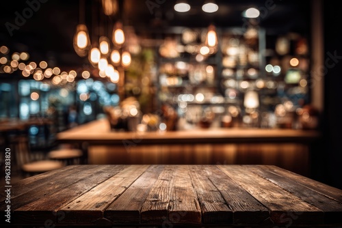 Empty Wooden Table in a Cozy Bar with Warm Lighting.