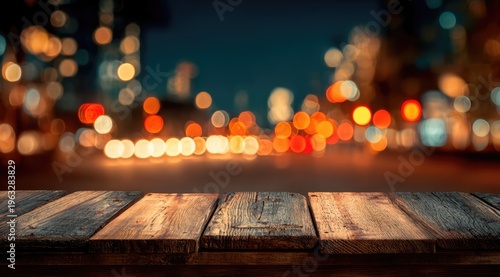 Rustic Wooden Table Surface with Blurred City Lights at Night Background.