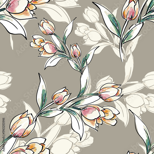 Abstract flower blooming design. Pattern with floral seamless. Grunge textured abstract art vector  with flower and plants in watercolor style.