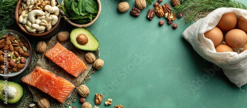 Healthy Keto Diet Ingredients - Salmon, Avocado, Nuts, Spinach, and Eggs.