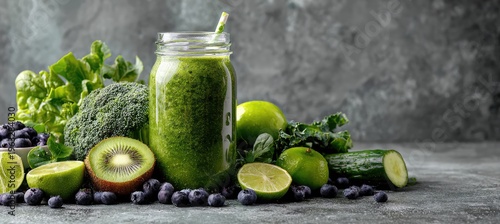 Healthy Green Smoothie in a Mason Jar Surrounded by Fresh Ingredients.